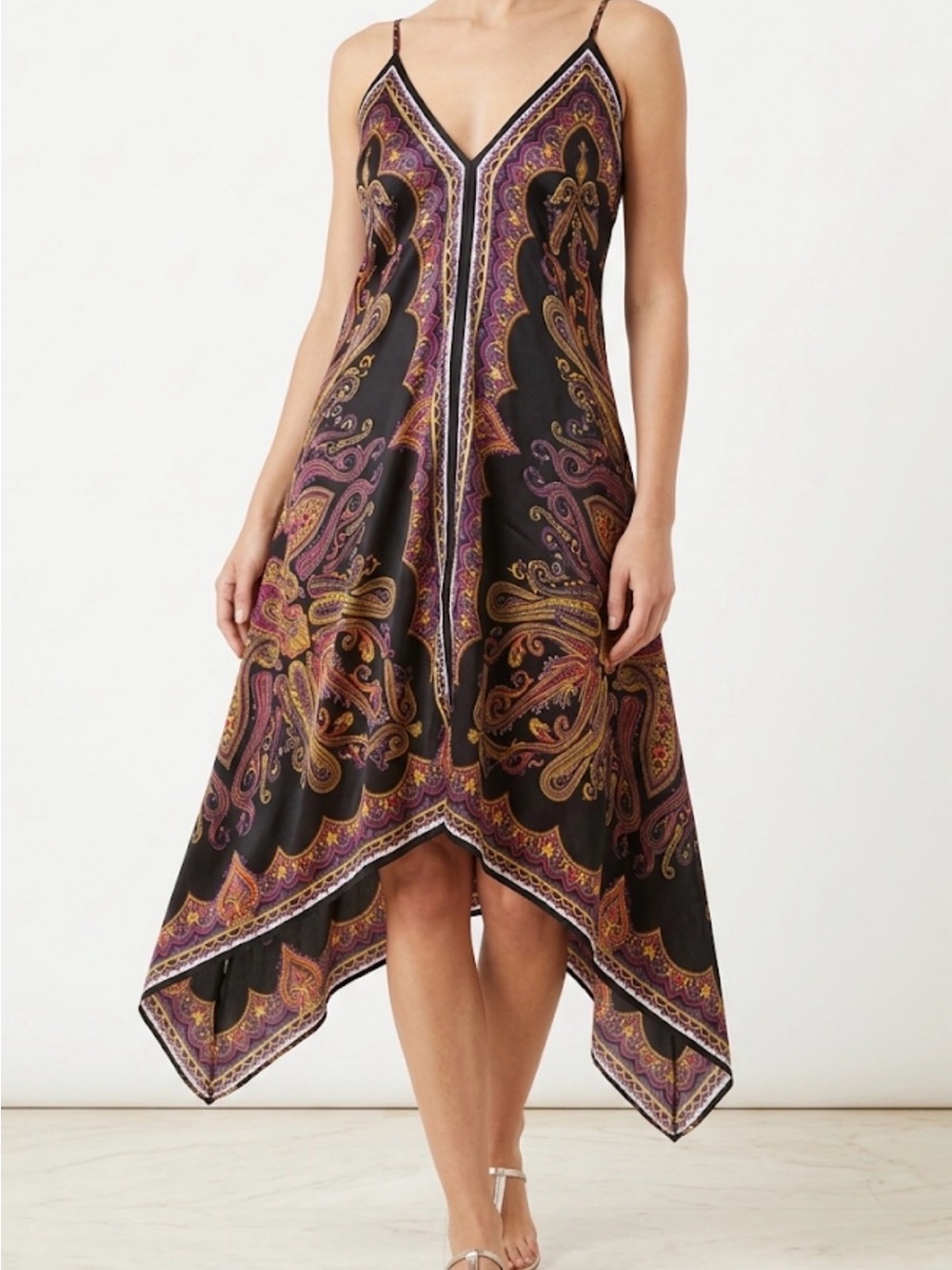 Sleeveless Handkerchief Hem Paisley Slip Dress - Black/Purple